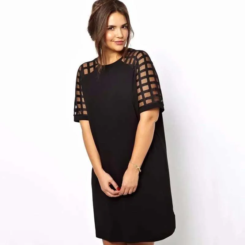 Summer Elegant Cell Print dress for Women - Loose Fit, Short Sleeves, Casual Tunic Style in Large Black Tee Size (240814)