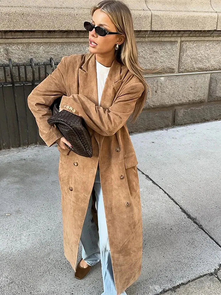 Save Big on Bulk Women's Long Double Breasted Coat Faux Suede Jacket Women  Chic Lapel Double Breasted Oversize Long Coat, Elegant Suede Leather Jacket 