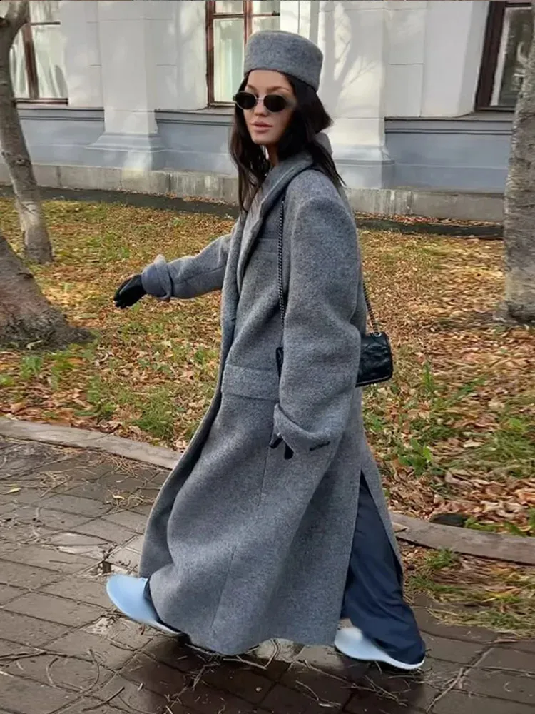 Grey Wool Oversized Coat: Womens Elegant Double Breasted Lapel
