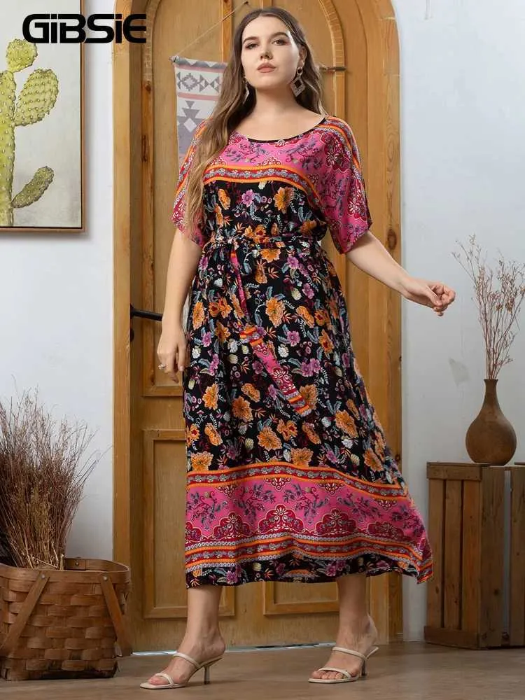 GIBSIE Plus Size Floral Print O Neck Belted Dress  Summer Boho Maxi Dress  For Holiday & Casual Wear 3XL, 4XL, 5XL From Jichang_store1, $13.4 |  DHgate.Com