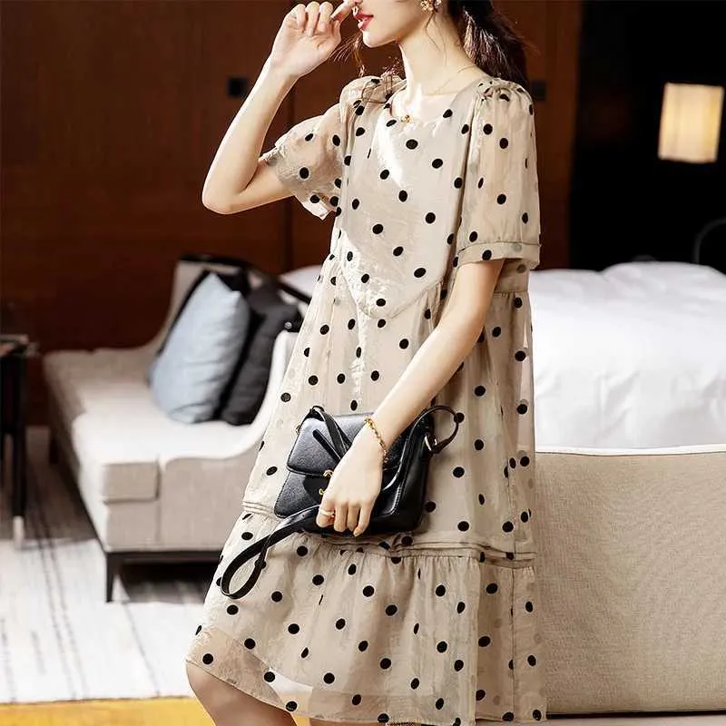 Vintage Polka Dot A-Line Chiffon Polka Dot Dress for Women - Short Sleeve, Split Joint, Thin - Perfect for Office and Summer - M240924