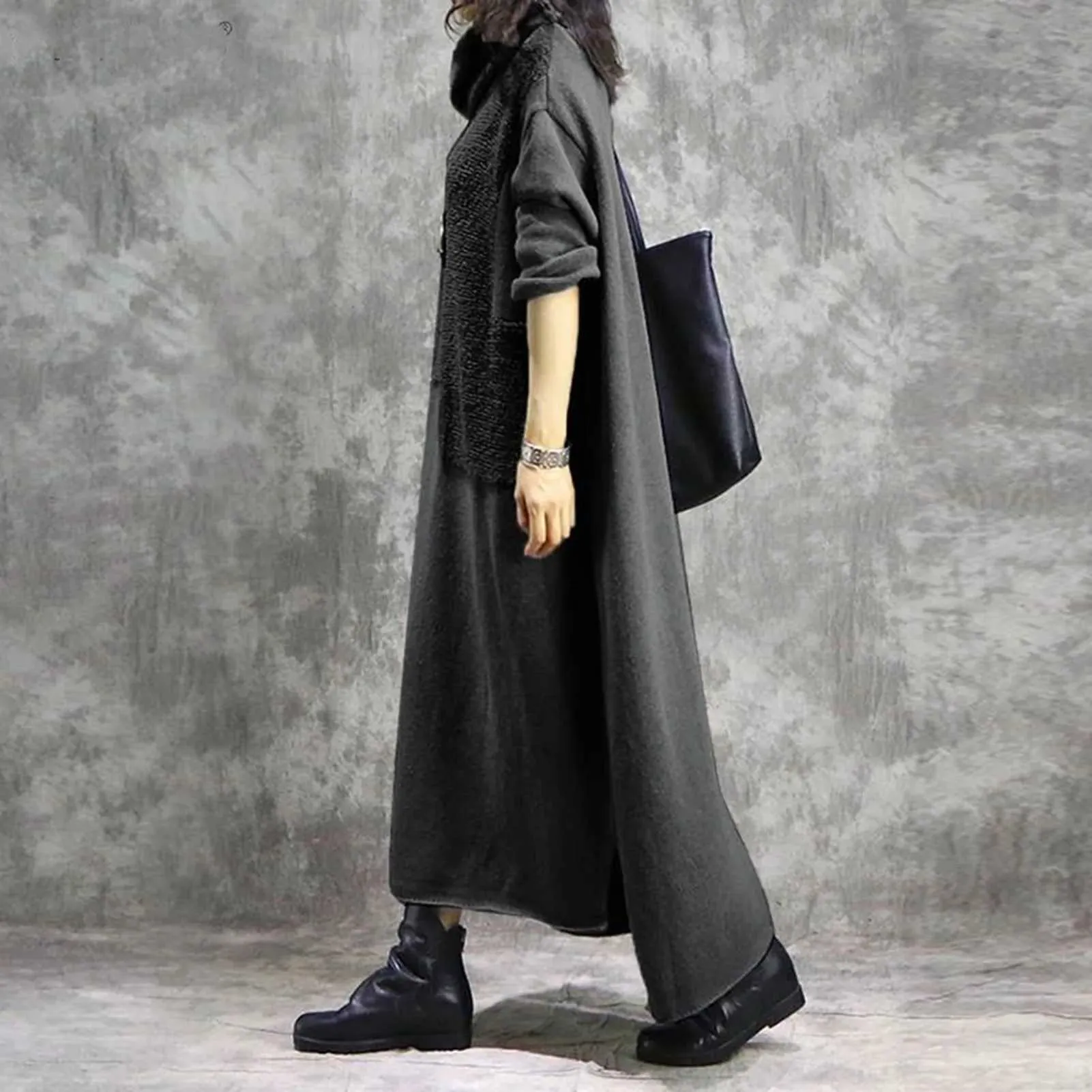 Gray Fleece Winter Turtleneck Sweater Dress for Plus Size Women - Long Sleeve, Oversized, Warm Sweatshirt Turtleneck Sweater Dress
