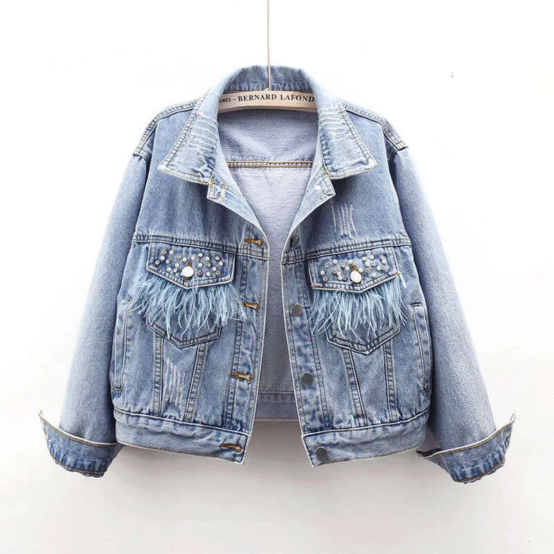 Women's Denim Jacket with Bead Feather Detail Long Sleeve, Loose Fit,  Spring/Autumn