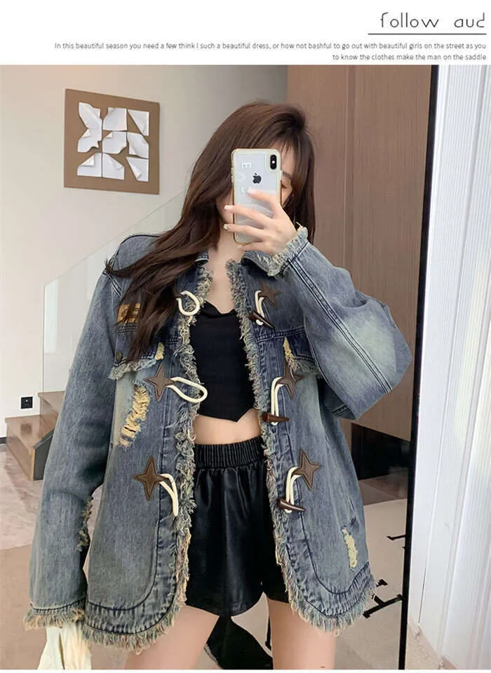 DHgate.com:Womens Vintage Denim Jacket with Horn Buckle