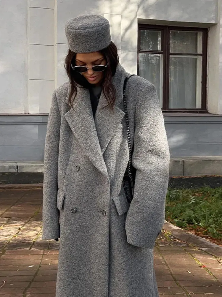 Grey Wool Oversized Coat: Womens Elegant Double Breasted Lapel