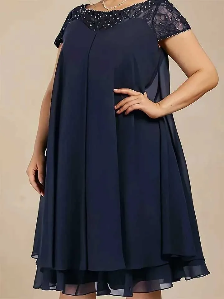 Chic Plus Size mum of bride dresses with Beaded Sequins and Pleated A-Line Silhouette - Loose Fit, Short Sleeves (M240924) Chic Plus Size mum of bride dresses with Beaded Sequins and Pleated A-Line Silhouette - Loose Fit, Short Sleeves (M240924)