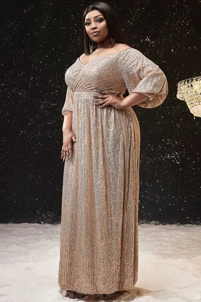 puff shoulder sequin dress Plus Off Shoulder Puff Sleeves Sequin Formal Dress