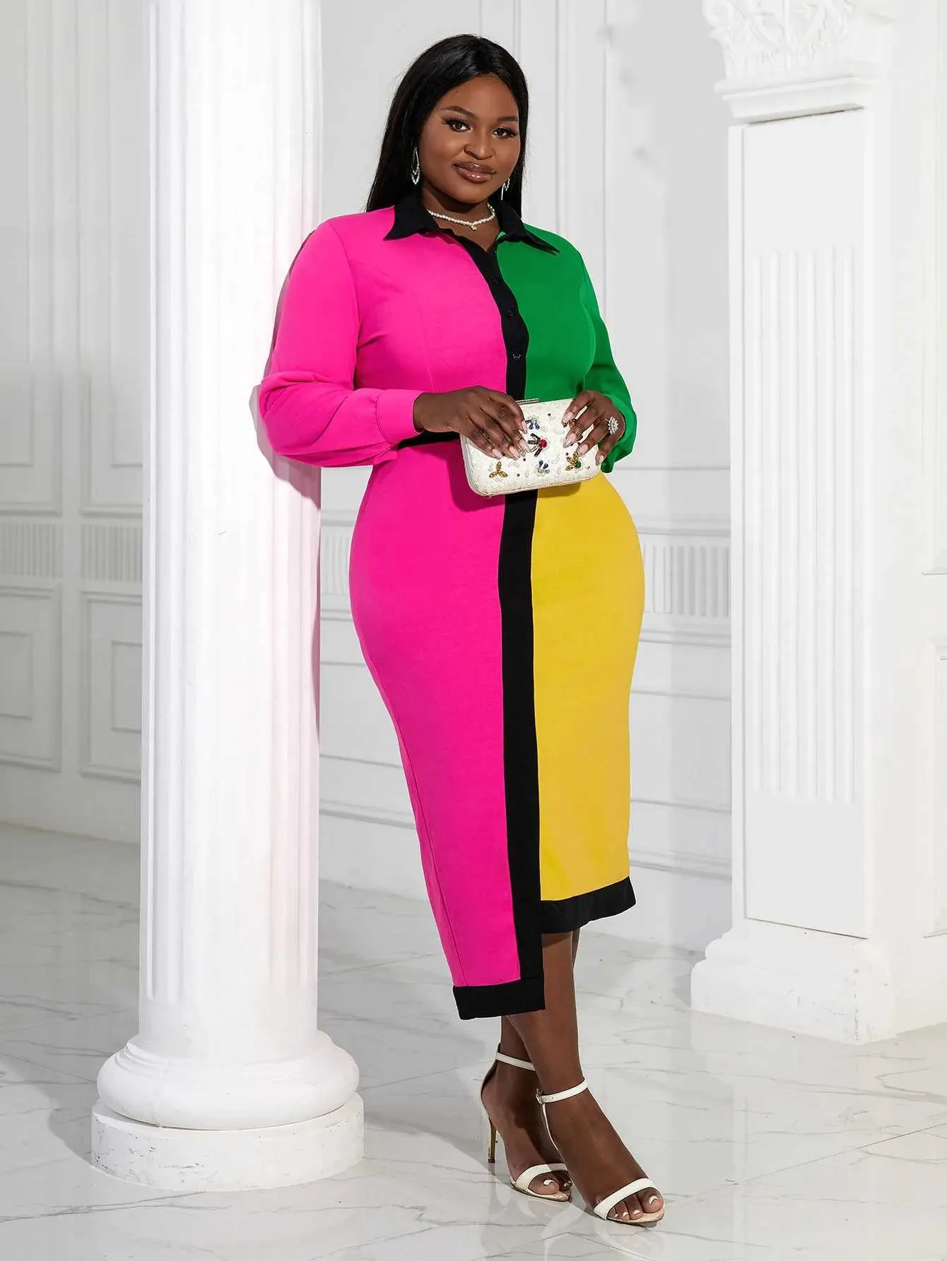 plus Size Elegant Color plus plus blocks Midi Dress with Lapel and Button Down for Office, Club, and Streetwear - M240924