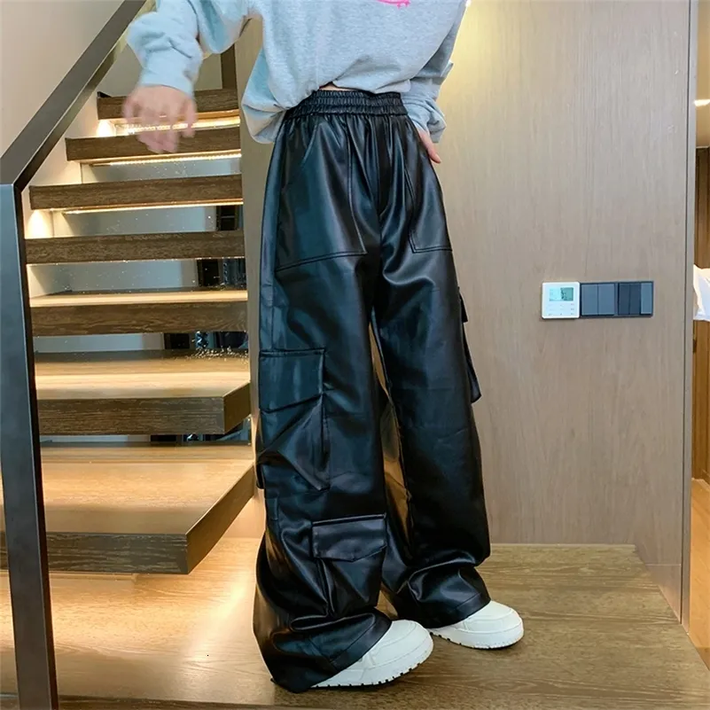 Mens Oversized Black Leather Cargo Pants - Retro Streetwear