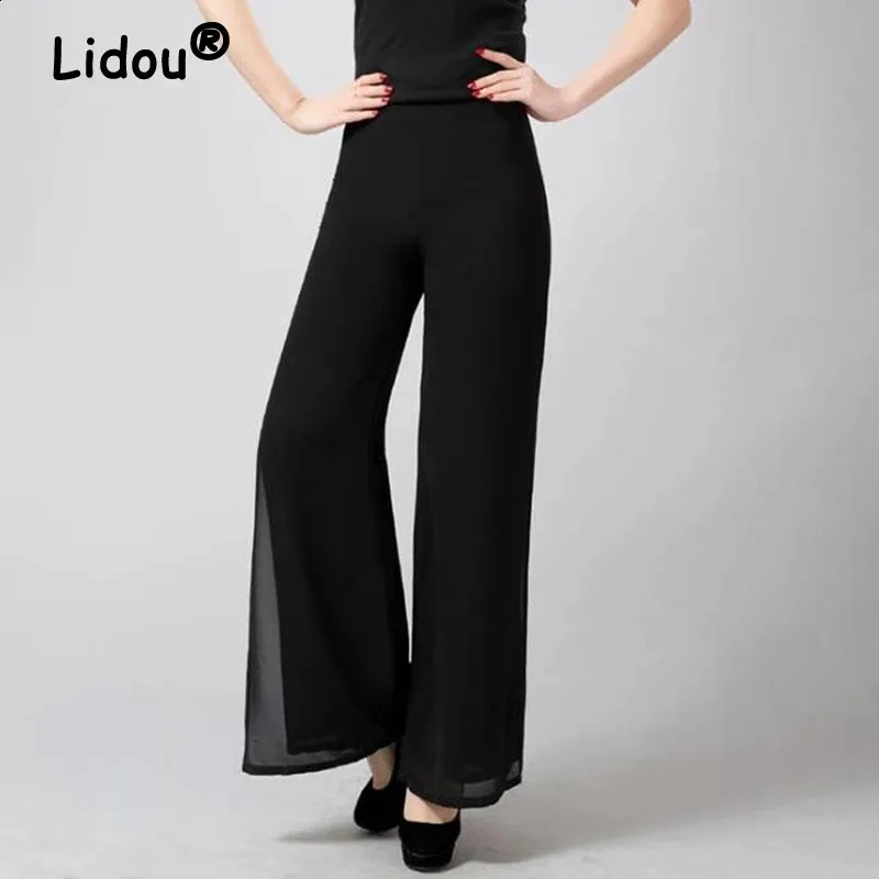 Chiffon Solid Color Split High waist Black Loose Pants Chiffon Solid Color Split High waist Black Loose Pants