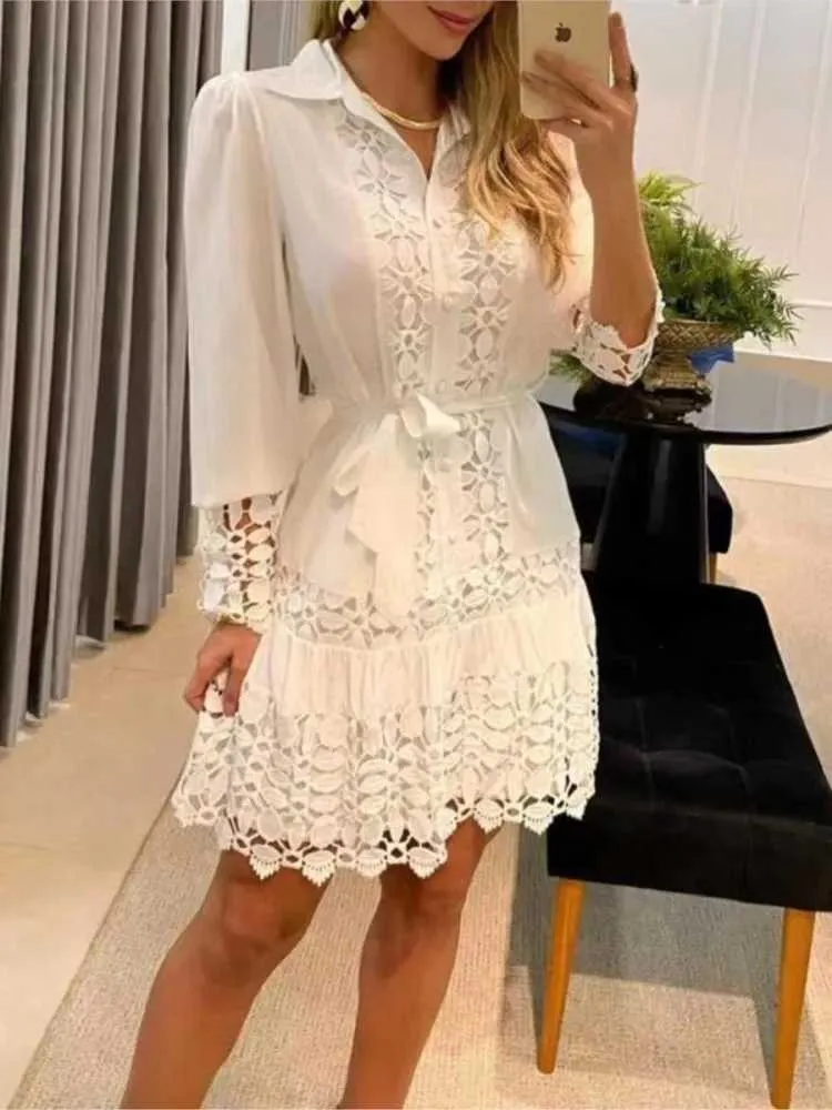 Lace-Up Long Sleeve Dress: Sexy Lace Stitching Hollow Out Shirt Dress -  Elegant Office Lady Spring Casual White/Black