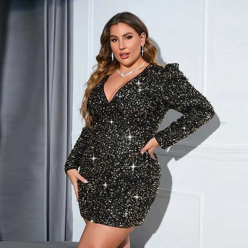 chinese dress ladies Plus Size V-Neck Black Sequin Dress PXJ1461 main image 0