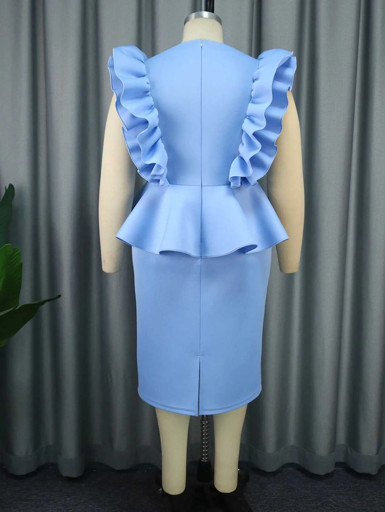 Blue Ruffle Peplum Pencil Dress for Women - Elegant Short Sleeve Kawaii Work church outfits for Birthday Parties - Plus Size Available (M240924) Blue Ruffle Peplum Pencil Dress for Women - Elegant Short Sleeve Kawaii Work church outfits for Birthday Parties - Plus Size Available (M240924)