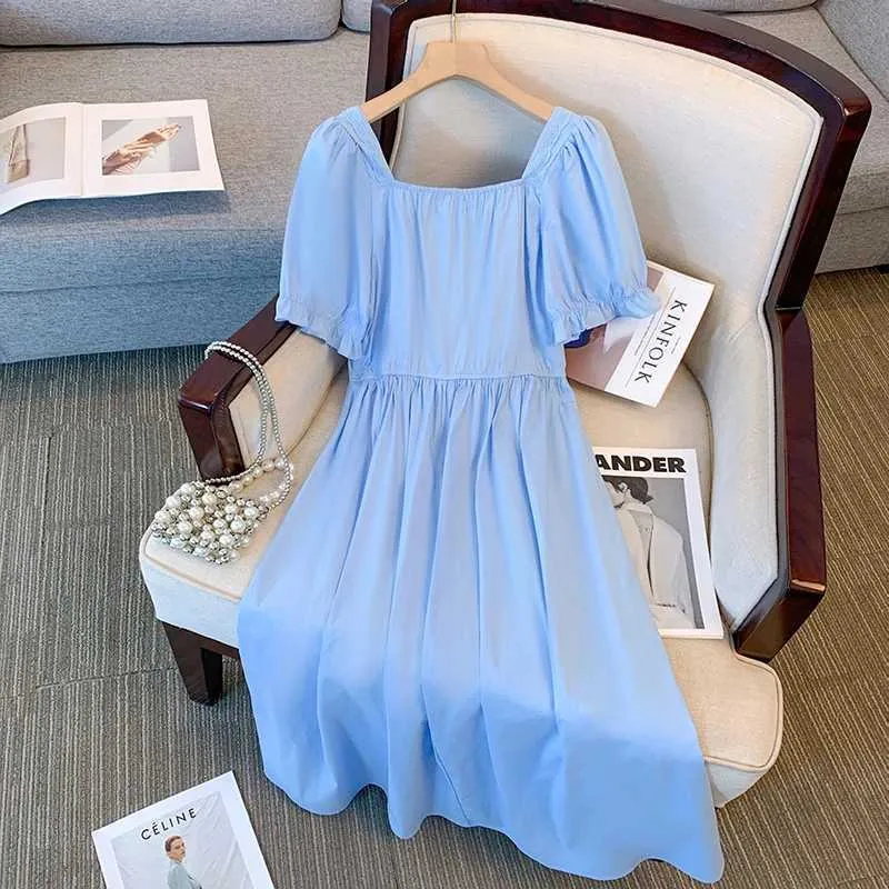 Plus Size Light Blue Cotton Dress With Puffed Sleeves... From  Jichang_store1, $14.34