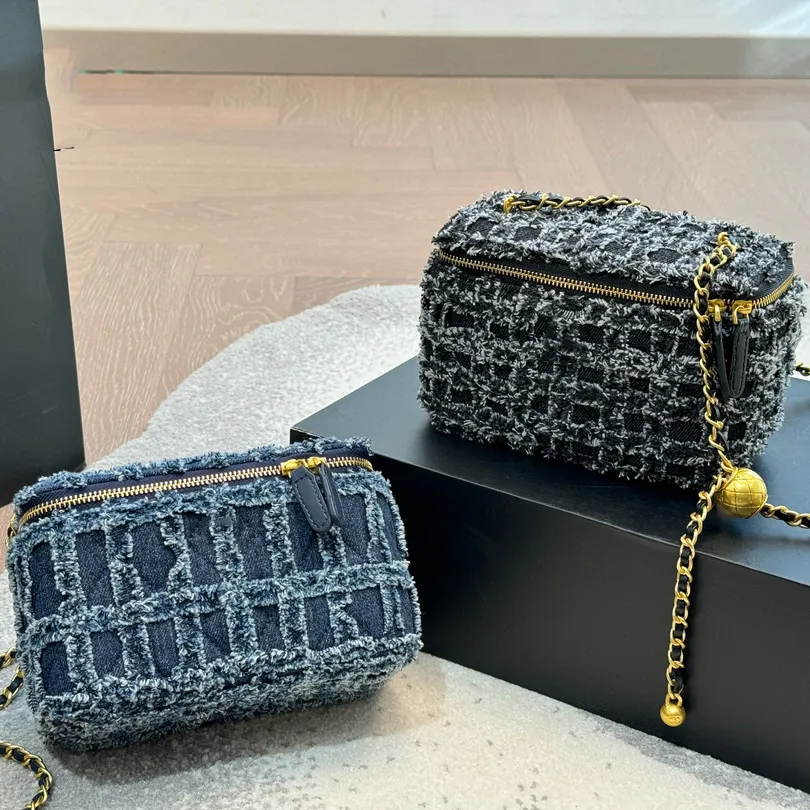 DHgate.com:Designer Denim Tassel Cosmetic Case Box Bag, Pearl Ball  