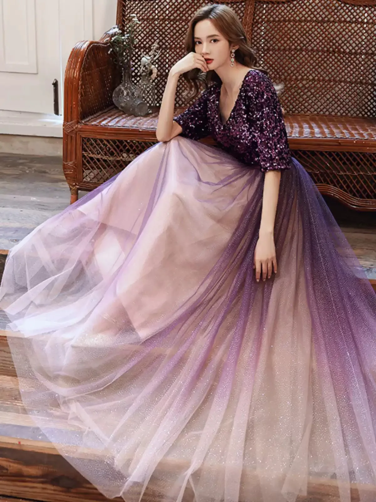 Purple Evening Dress A Line Gown, V Neck Half Sleeve... From Lpdqlstudio,  $77.75 | DHgate.Com