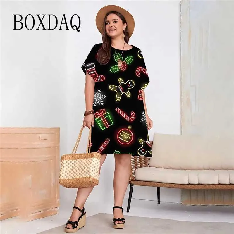 Festive Christmas-Themed Black Dress with Loose Fit and Short Sleeves.
