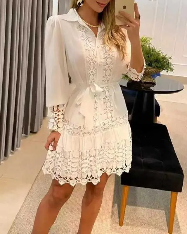 hollow stitching lace dress woman Summer Short Elegant Lace Stitching Hollow Out Long Sleeve Mini Dress. R  350 Size M To 4XL Available in store and online Www.yellowsubtrading.co.za  Model @_theekween