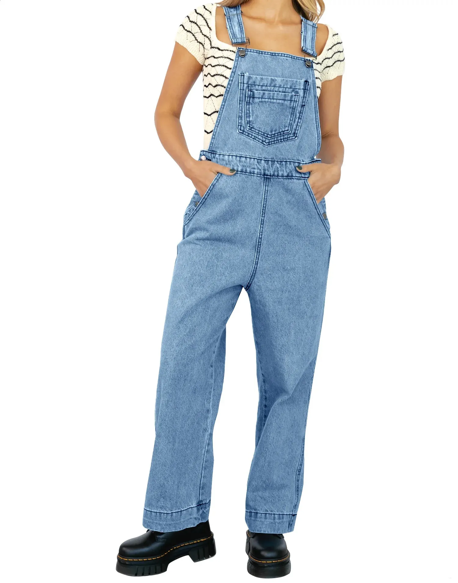 Womens Denim Jumpsuit with Pockets - Casual Wide Leg