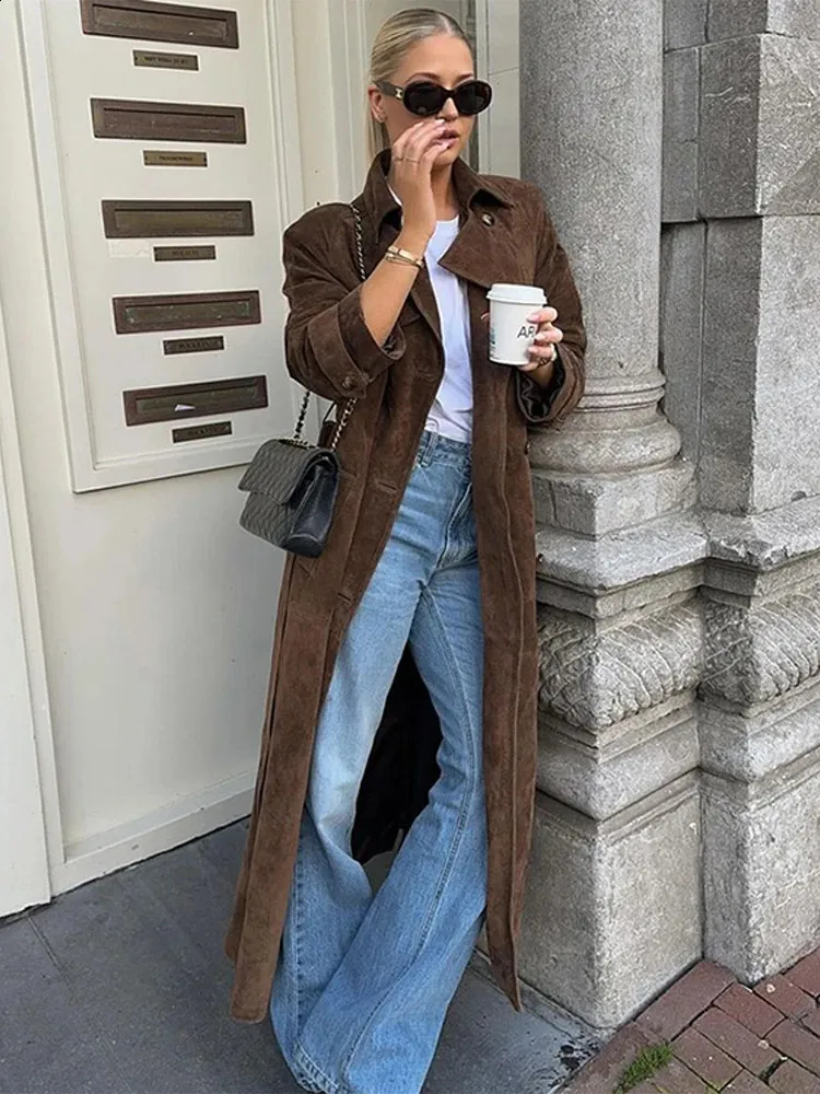 Womens Vintage Suede Leather Long Coat with Belt - Double Breasted