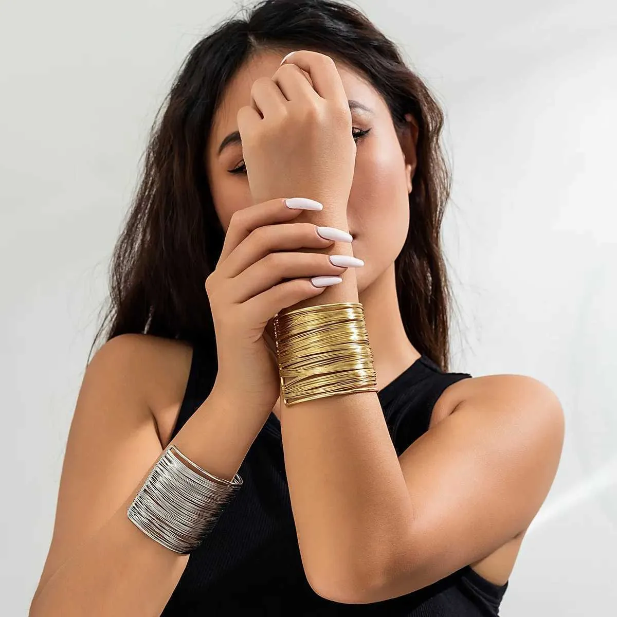 Womens Multilayer Open Cuff Bracelet - Gold Metal Wire Bangles