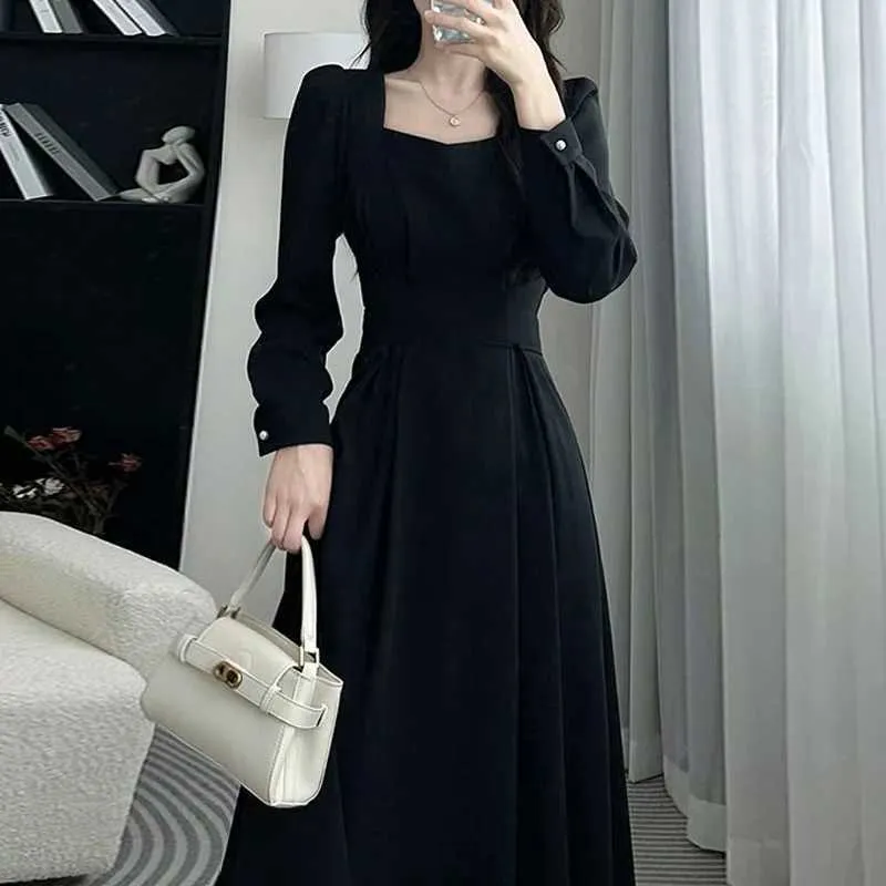 knee length dresses for ladies Freeacy Solid Color Dress for Women Stand Collar Long Sleeves Single-b main image 1