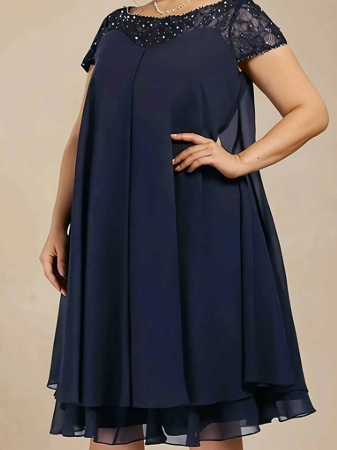 Chic Plus Size mum of bride dresses with Beaded Sequins and Pleated A-Line Silhouette - Loose Fit, Short Sleeves (M240924)