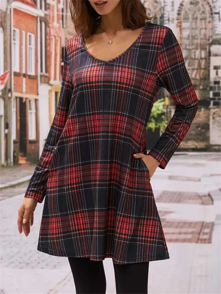 Pattern Ladies Plaid Dress Women's Plaid V-Neck Long Sleeve Mini