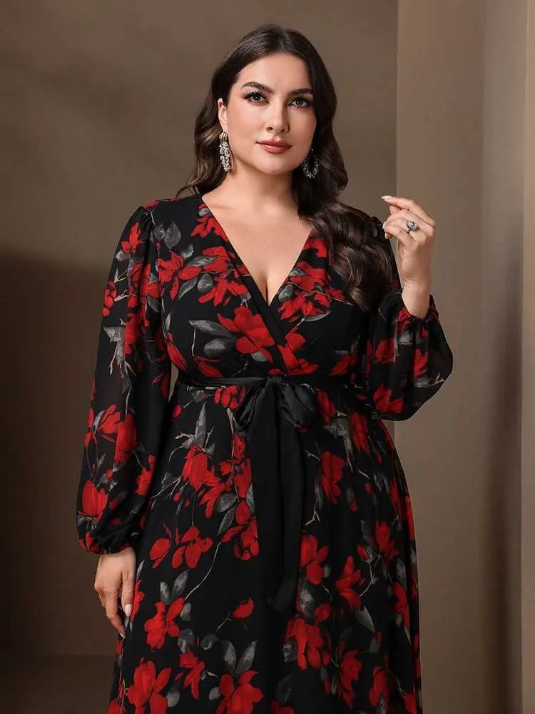 Elegant Plus Size Floral Maxi Dresses With Lantern Sleeves Womens