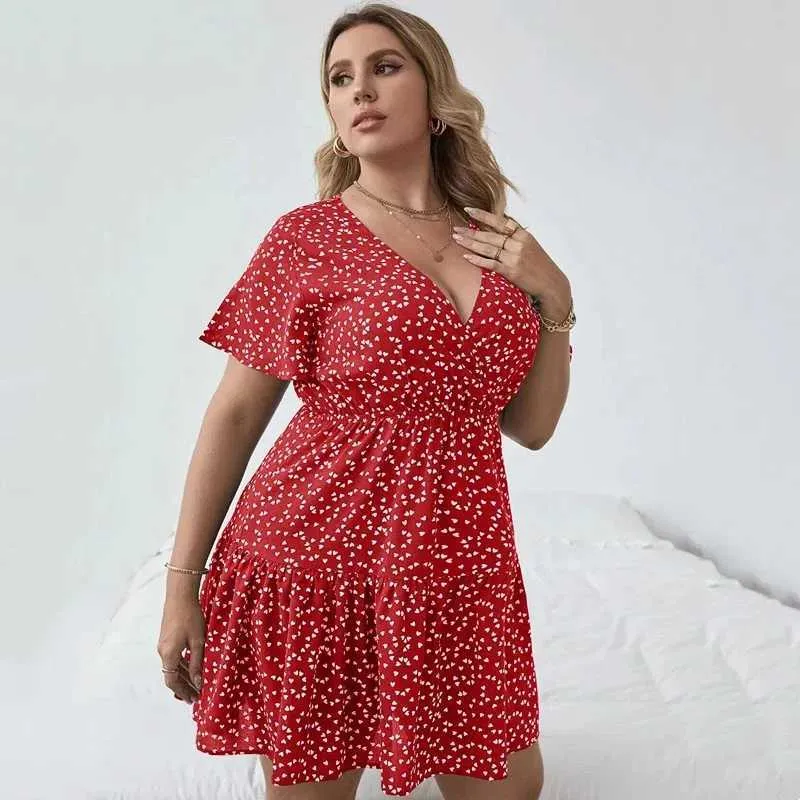Floral Print Tiered red polka dot dress - Plus Size Women's Summer Casual Boho red polka dot dress with Heart Pattern, Short Sleeves, and Flare A-line Floral Print Tiered red polka dot dress - Plus Size Women's Summer Casual Boho red polka dot dress with Heart Pattern, Short Sleeves, and Flare A-line