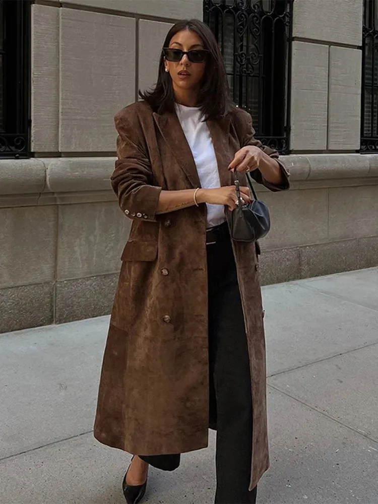 Women's Suede Leather Long Windbreaker Coat Chic Lapel, Double Breasted,  Oversize, Autumn Streetwear