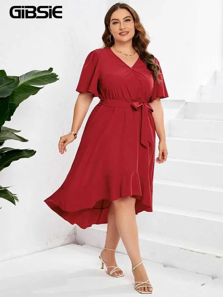 slim fit dress slacks Plus Surplice Neck Floral Chiffon Belted Dress  Elonnashop