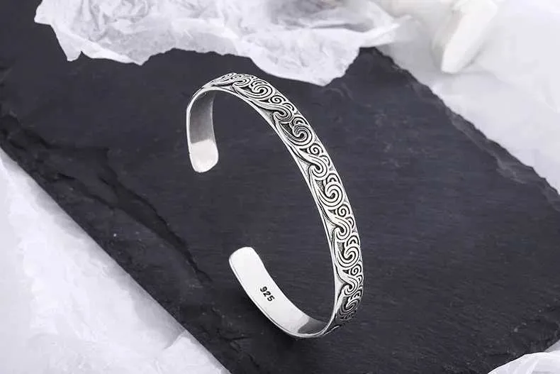 アクセサリー Vintage Silver Wide Wave Caff Bangle 925 925 Sterling Silver Bangles, Retro Wave Design Bangle, Sweet