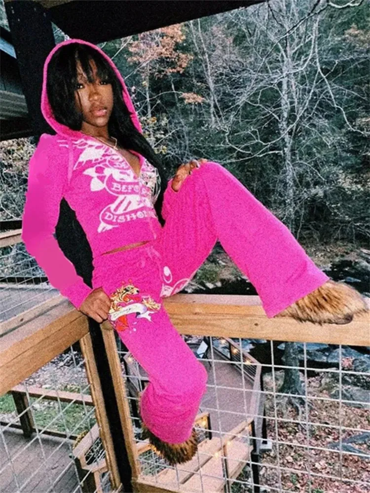 Aualay Y2K Letter Print Women 2-Piece Tracksuit Set with Zipper