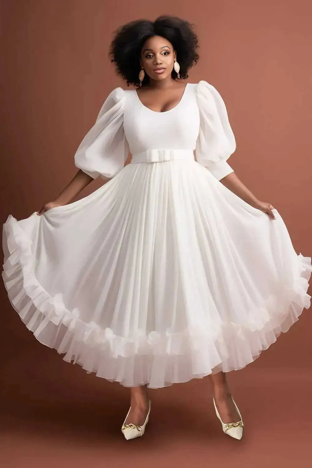 HOT Puff Sleeve White Plus Size Dresses With Sleeves Plus Size