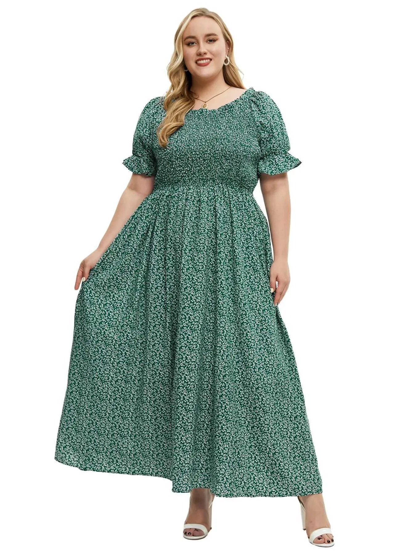 green emerald velvet dress Trisha Plus Size White Bohemian Flare Sleeve Dress– Hello Curve main image 0
