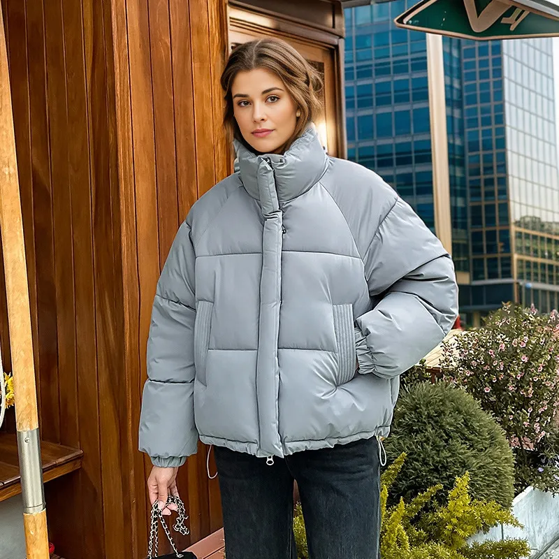 Puffer Jacket Short Down Cotton Jacket for Women Korean Style Loose Fit Standing Collar Warm Winter Coat