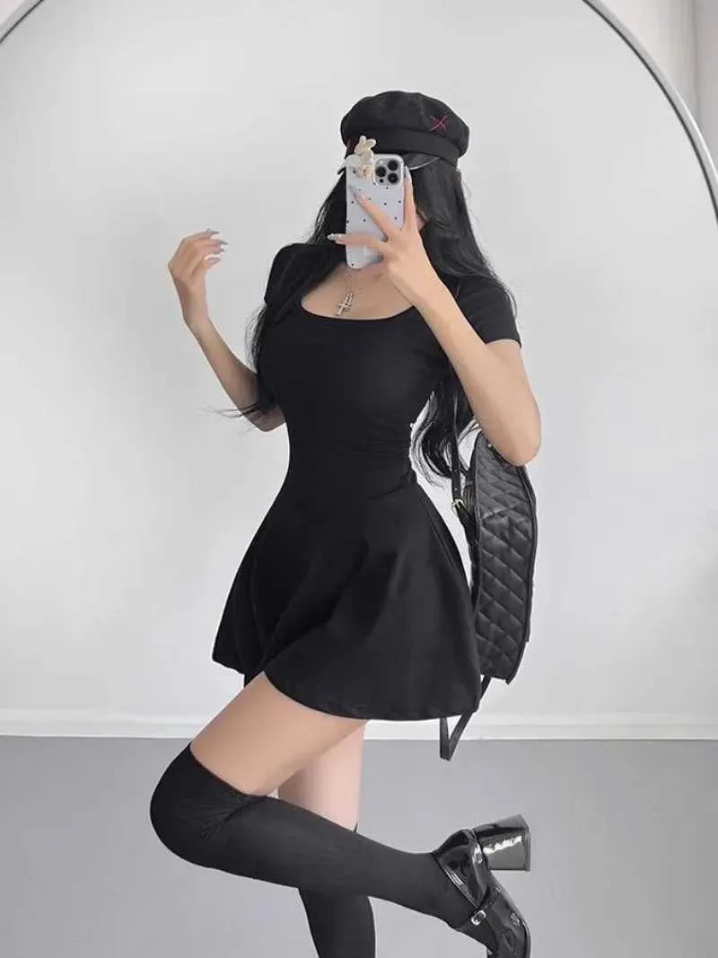 Black Mini Dress Womens Square Collar Short Sleeve Waist-Fitted Summer  Dress M240924