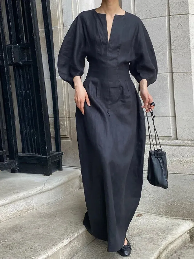 Elegant Linen Maxi Dress: Lantern Sleeves, V-Neck, High Waist - Shop Now!  from Dhgate Basic & Casual Dresses - price 61.71