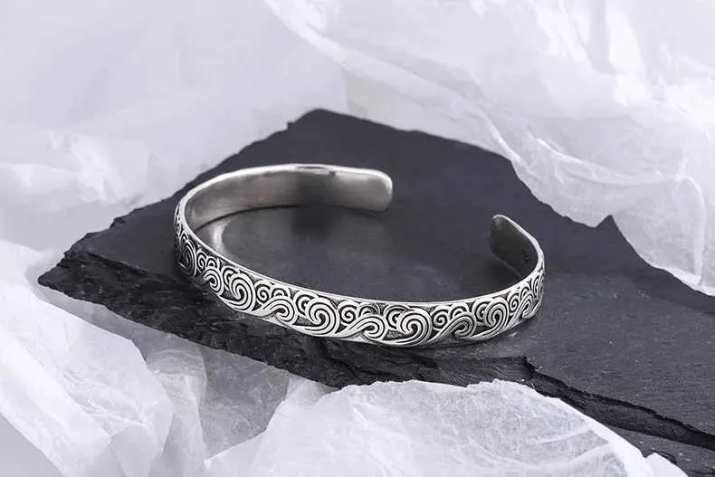 925 Sterling Silver Bangles, Retro Wave Design Bangle, Sweet Cloud