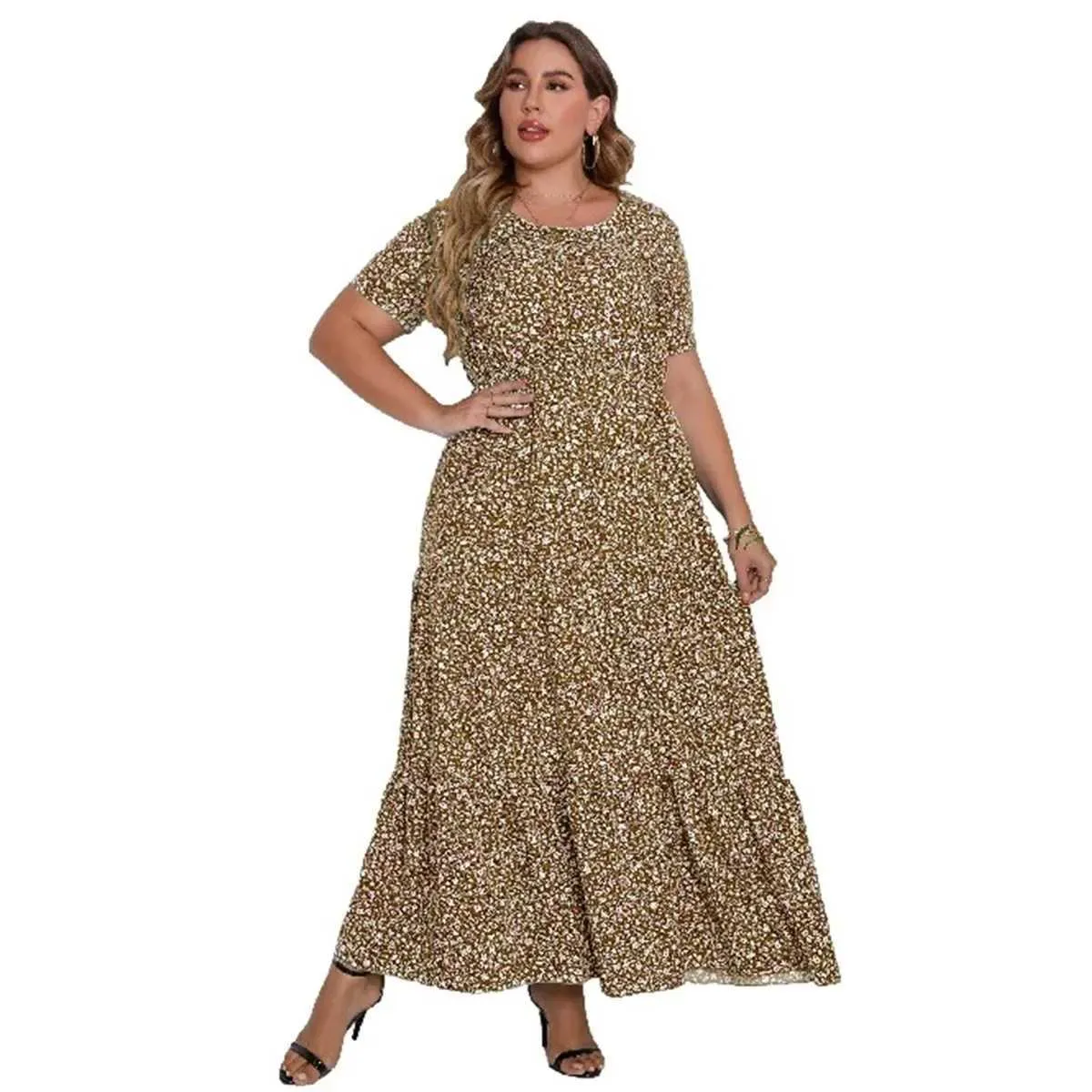 Summer Beach Style Print Long Plus Size wrap dress for Plus Size Women - Short Sleeve, Round Neck, 4XL-5XL Sizes - Fashionable Vestito M240924