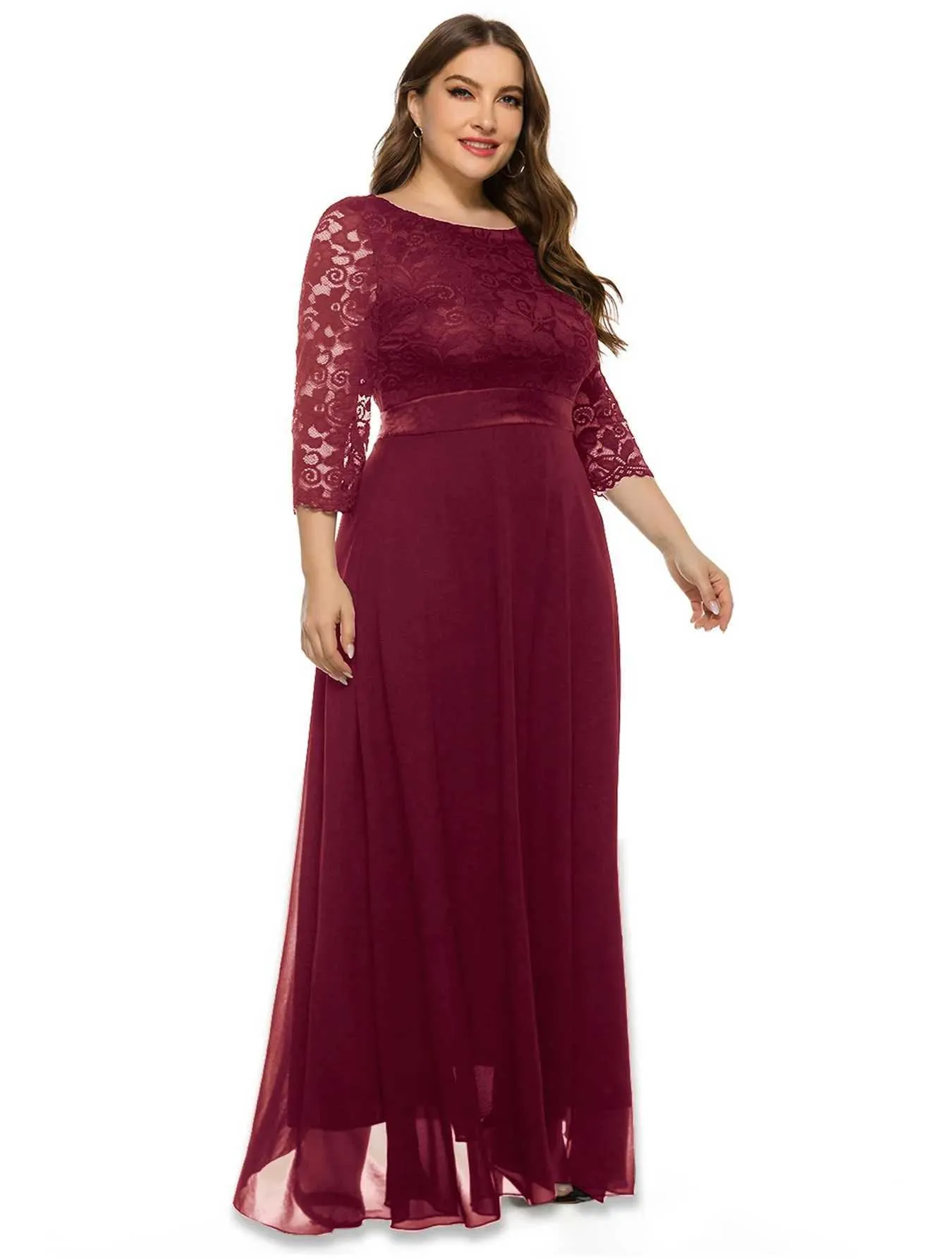 Elegant Lace plus size dinner dress with Splicing, Round Neck and Long Sleeves for Warmth - Style 240820 Elegant Lace plus size dinner dress with Splicing, Round Neck and Long Sleeves for Warmth - Style 240820