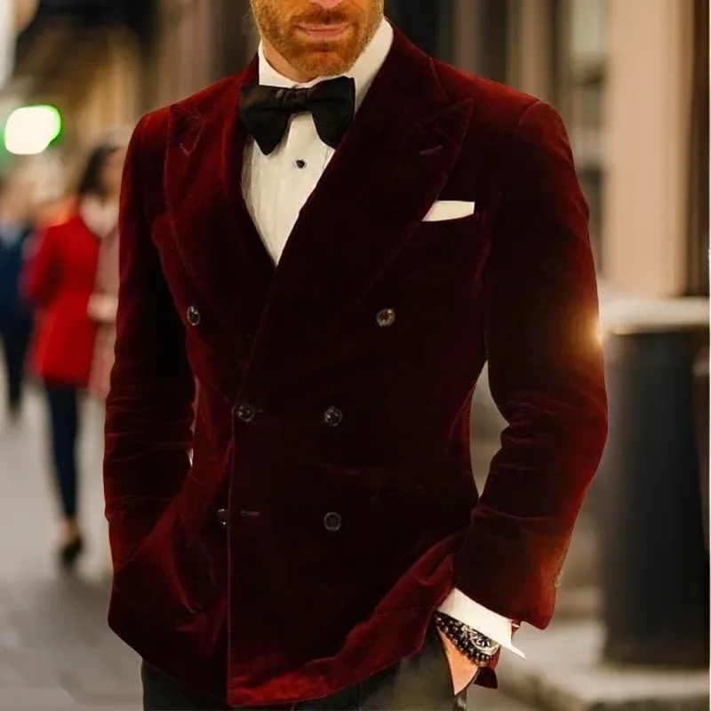 バーガンディ ベルベット テーラードジャケット Velvet Smoking Jacket for Men Double Breasted Burgundy Velvet