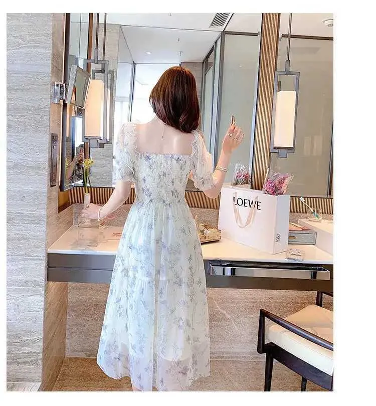 floral chiffon dress korean Chic Ruffle Print V Neck Dress Chiffon A-line Casual Korean Fashion Women Elegant Vestidos Summer Sw on Luulla
