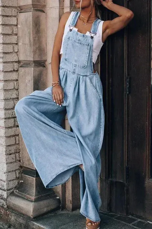 Womens Wide Leg Denim Jumpsuit Sleeveless Square Neck Bib Overall