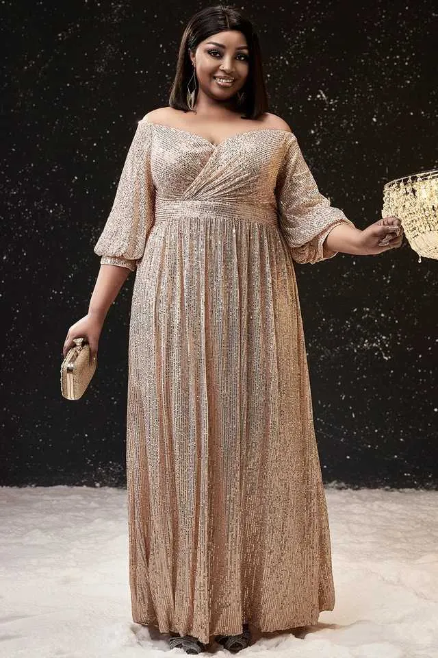 Off-Shoulder Apricot Plus Size Maxi Dresses with Sleeves for Plus Size Women - Perfect for Formal Occasions, Weddings, and Cocktail Parties (M240924)
