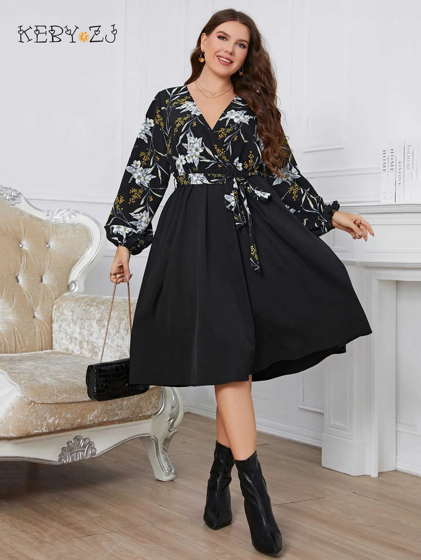 white christmas dresses Plus Size Dress Casual V Neck Ruffle - Black main image 1