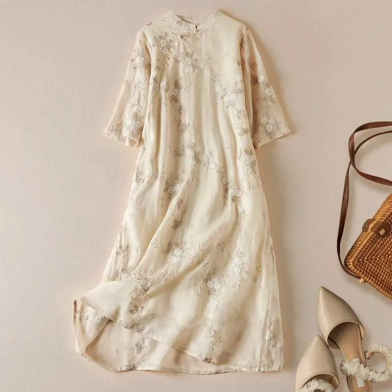 Chinese Style Embroidered Cotton Linen Linen midi dress for Women - Vintage Loose Fit Summer Clothing (M240924) Chinese Style Embroidered Cotton Linen Linen midi dress for Women - Vintage Loose Fit Summer Clothing (M240924)