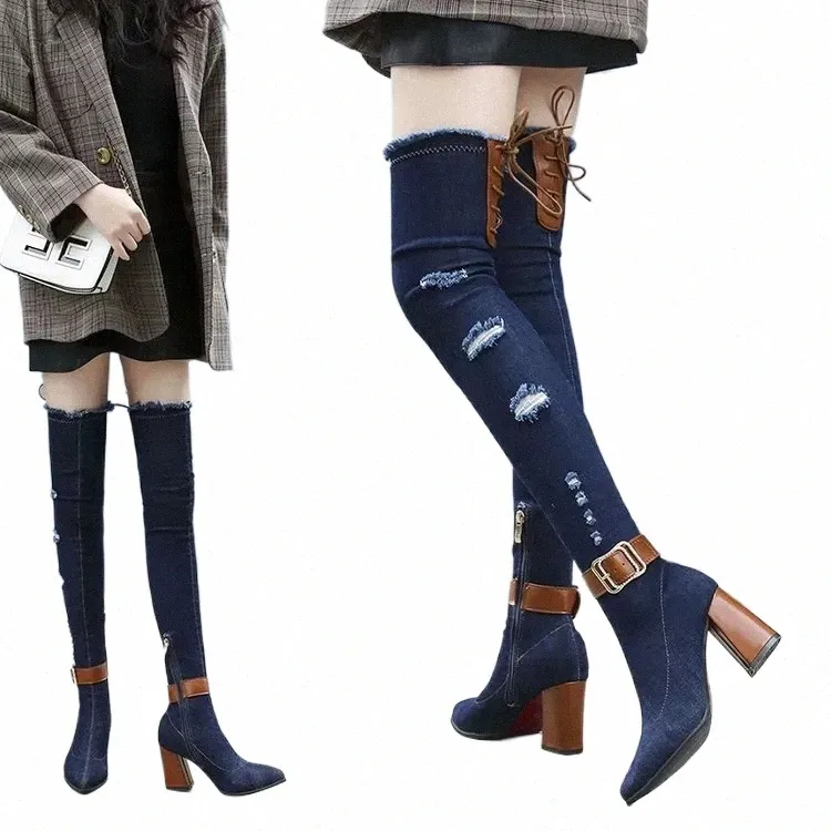 Womens Denim Thigh High Boots Dark Blue, Plus Size, Minimalist