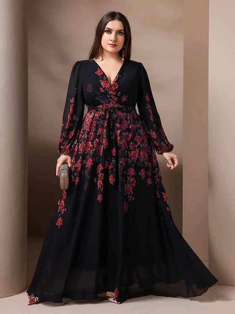 Plus Size Formal Floral Dresses With Sleeves TOLEEN Women Floral Print V  Neck Long Sleeve Dress Plus Size